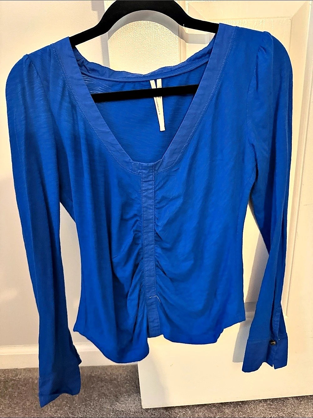 Anthropologie Long Sleeve Ruched Top in Blue Size Small